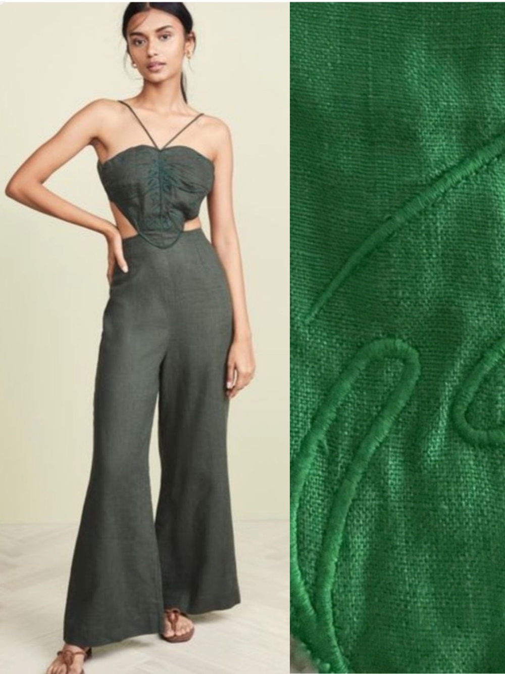 Farm Rio green linen embroidered jumpsuit with open back